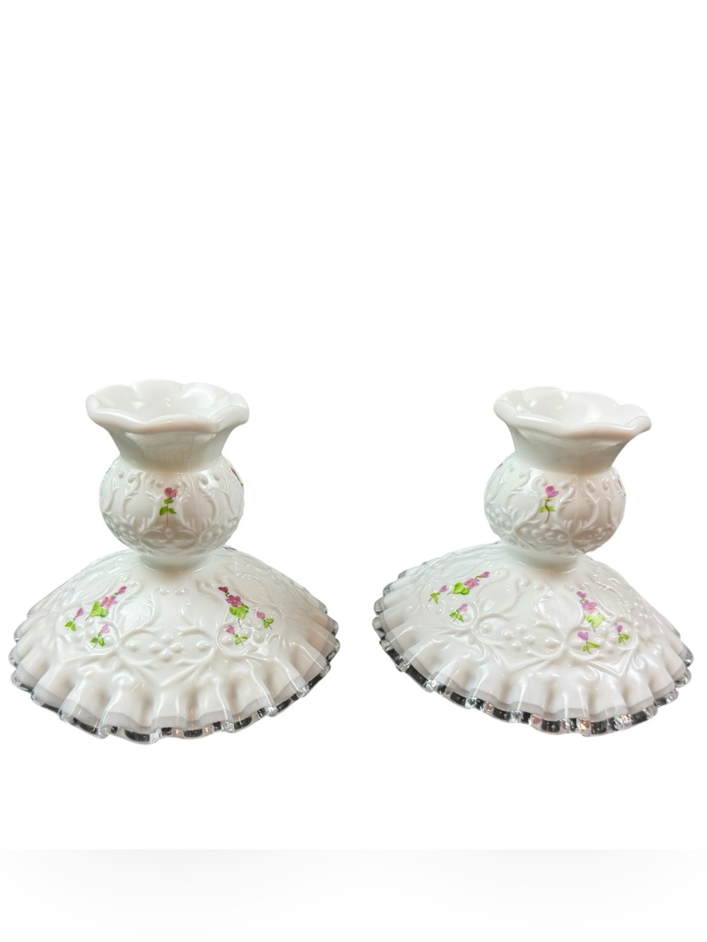 Fenton white milk glass candlestick holders in Spanish Lace pattern ruffle